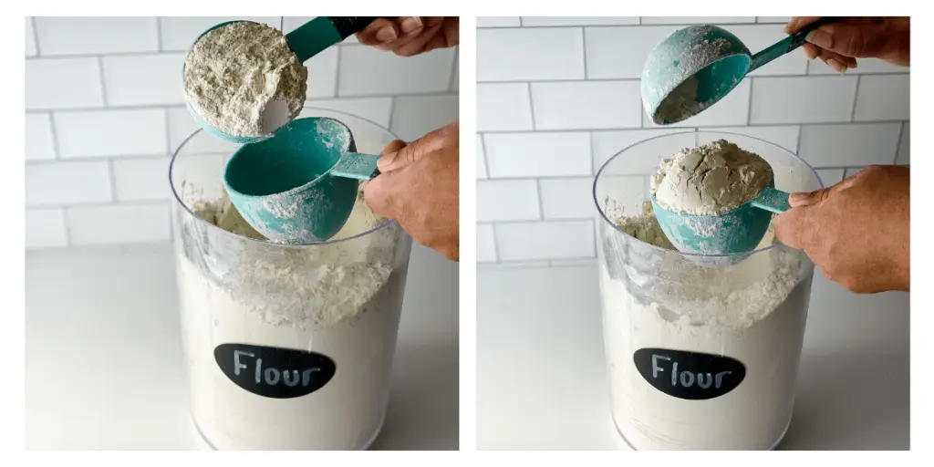 2 photo grid on how to fill a measuring cup using a spoon and measure technique.