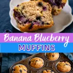 Two photo grid of a banana blueberry muffin cut in half over a muffin tin filled with baked muffins.