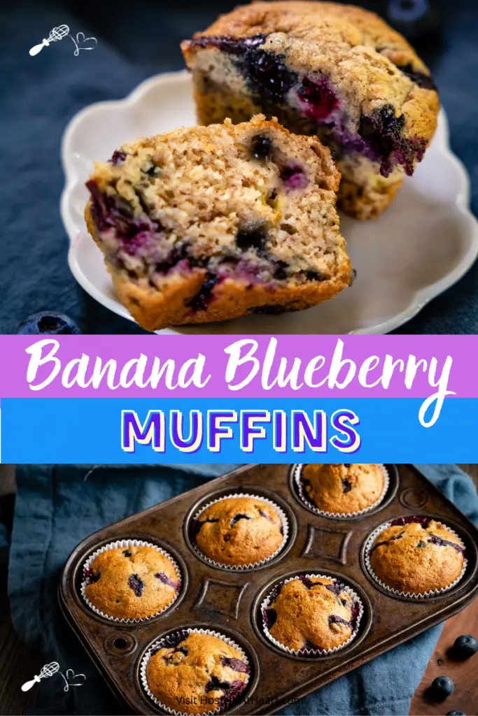 Two photo grid of a banana blueberry muffin cut in half over a muffin tin filled with baked muffins.