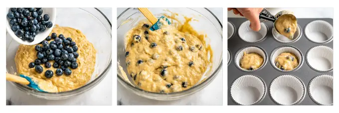 Three photo grid showing blueberries combined with muffin batter and then scooped into muffin papers