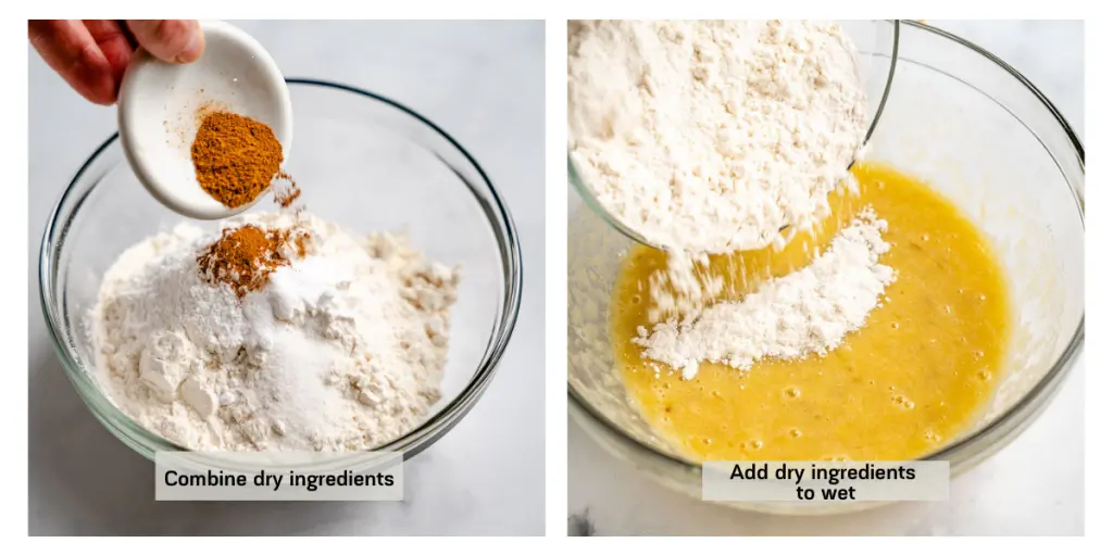 Two photo grid showing dry ingredients being combined and then added to wet muffin ingredients.