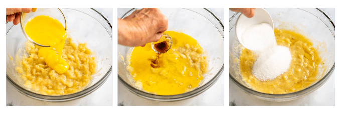 3 photo grid showing the wet ingredients being combined for muffins including mashed bananas being combined with egg, vanilla and then sugar.