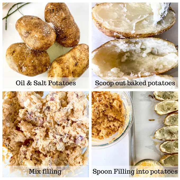 4 photo grid showing baked potatoes scooped out and stuffed with filling.
