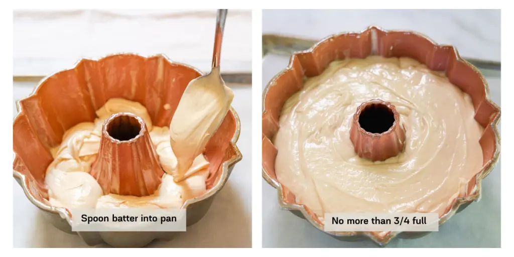 2 photo collage of a bundt pan being filled with cake batter and of the pan completely filled