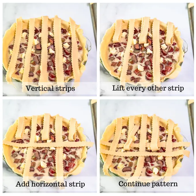 4 photo grid showing the steps for making a lattice pie crust.