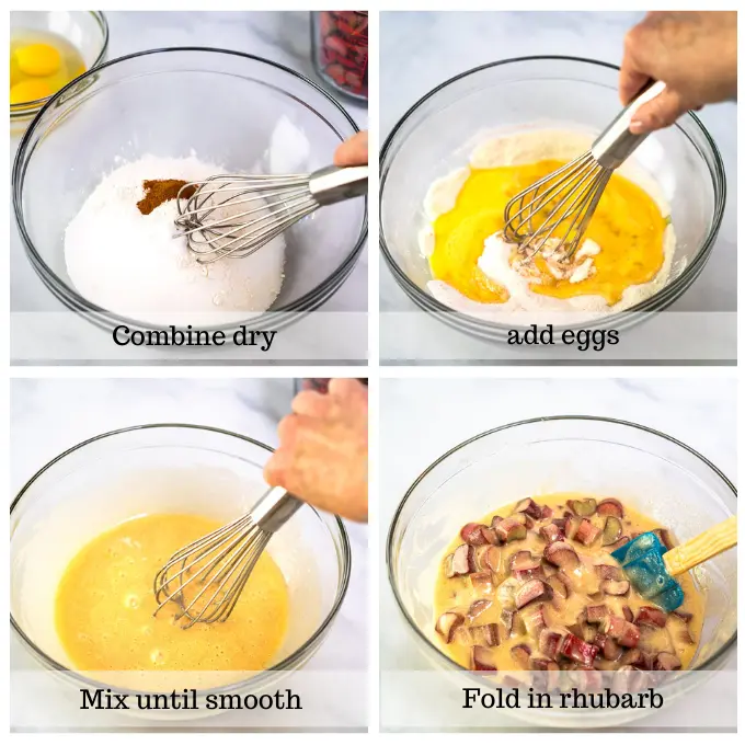 4 photo grid showing the steps for making a rhubarb custard filling