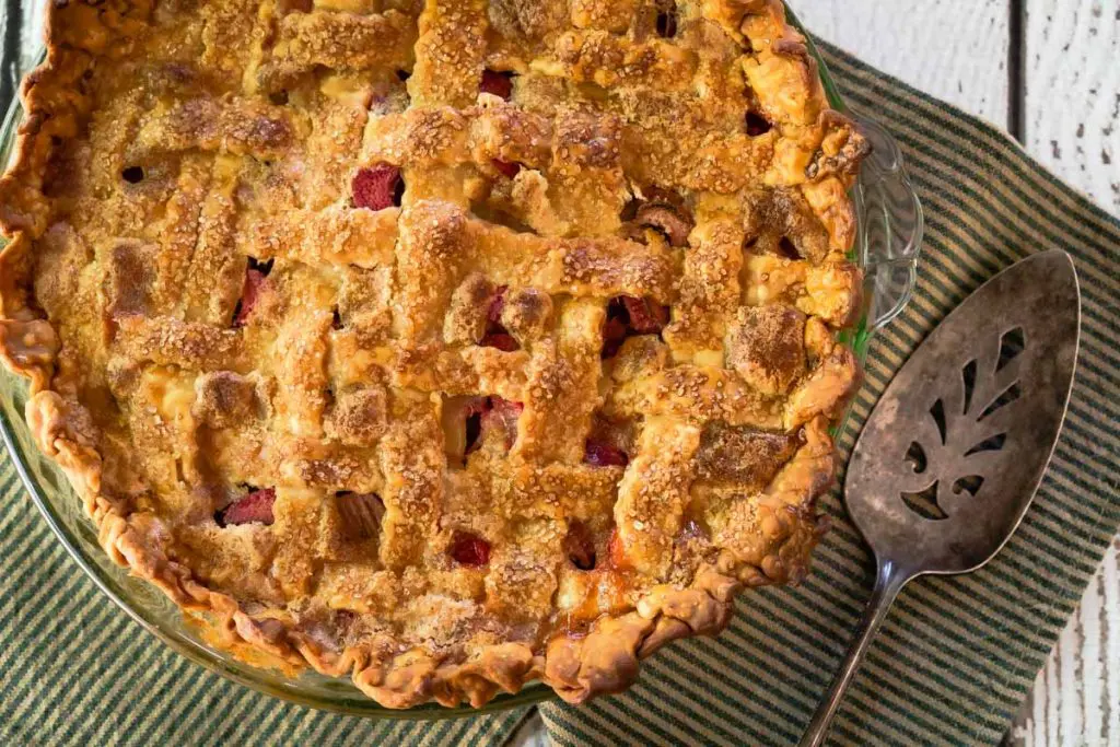 Top down view of a baked pie with lattice crust