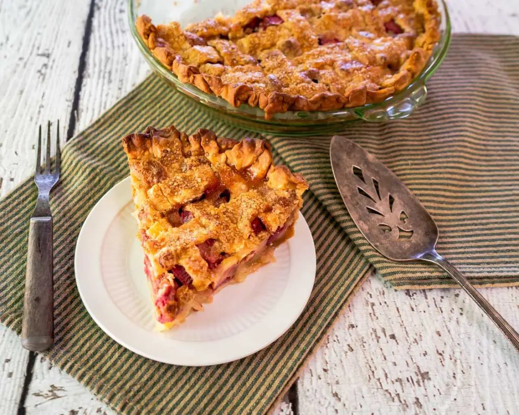 Top down view of a slice of rhubarb custard pie with a lattice top sitting on a plate with the whole pie in the background.