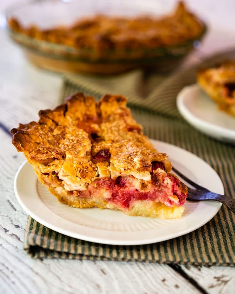 Side view of a slice of rhubarb pie sitting on a plate