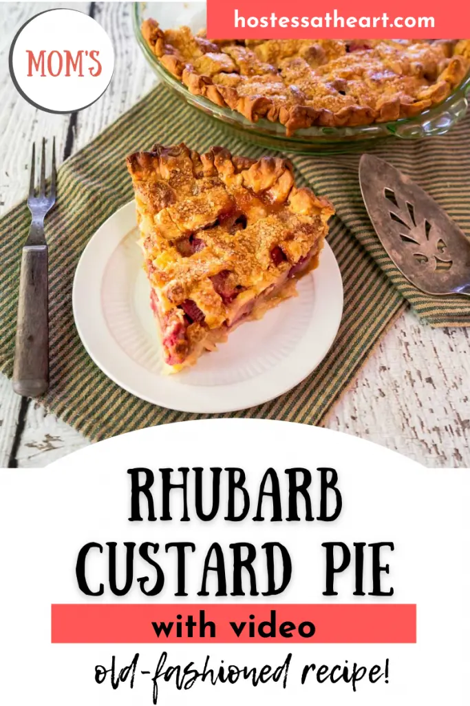 Top down view of a slice of rhubarb custard pie with a lattice top sitting on a plate with the whole pie in the background.