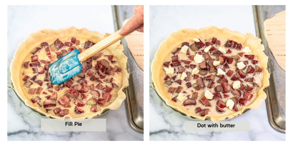 Two photo grid showing rhubarb filling in a pie crust and then dotted with butter