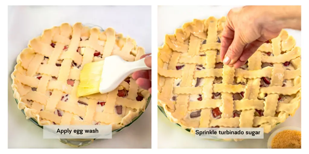 Two photo grid of egg wash being applied to a lattice pie crust and then sprinkled with coarse sugar.