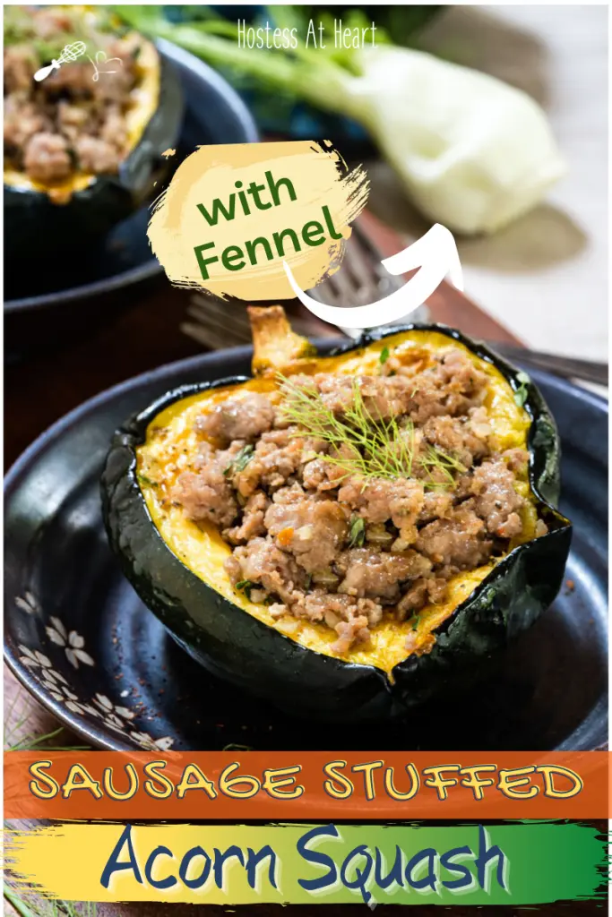 An acorn squash half stuffed with sausage and fennel.