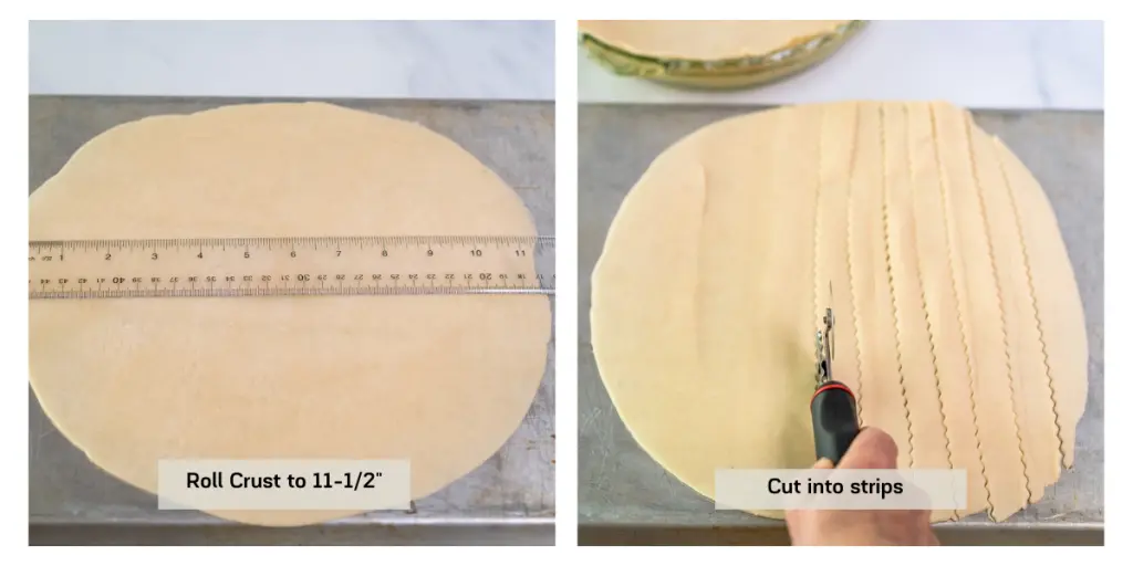 Two photo grid showing pie crust rolled and then sliced.