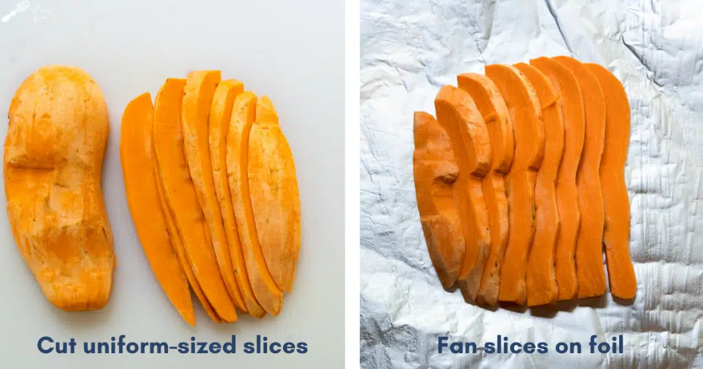 Two photos of sliced sweet potatoes showing the correct thickness.