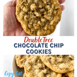 Two photos of Baked Chocolate Chip Cookies. One photo is a hand holding the cookie and the other photo is of a bowl loaded with the cookies.