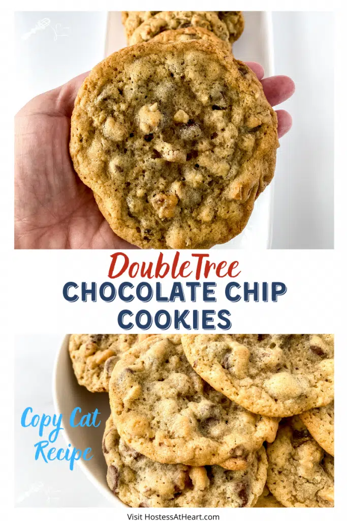 Two photos of Baked Chocolate Chip Cookies. One photo is a hand holding the cookie and the other photo is of a bowl loaded with the cookies.