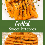 Two photos of grilled sliced sweet potatoes fanned out and garnished with herbs.