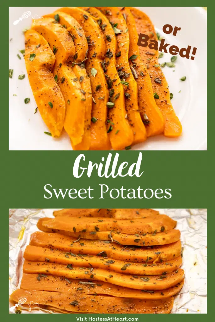 Two photos of grilled sliced sweet potatoes fanned out and garnished with herbs.