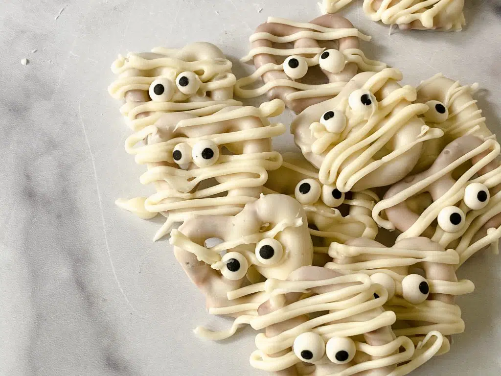 Halloween Pretzels on a countertop.