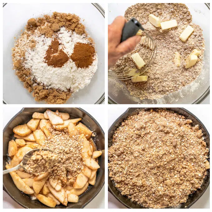 Steps to making streusel topping including mixing ingredients together, cutting butter into the ingredients, spooning it over the pears and covering them completely.