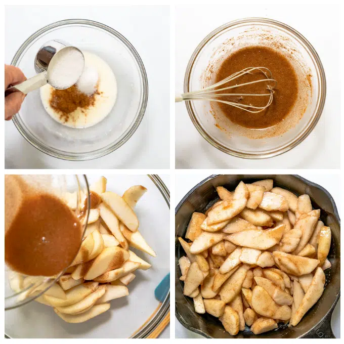 4 grid photo of making pear crisp filling including adding ingredients to a bowl and whisking them together then pouring it over pears and adding them to a cast iron pan.