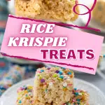 Two photos of Rice Krispie Treats garnished with colorful sprinkles. The top photo has a bite taken out of it.