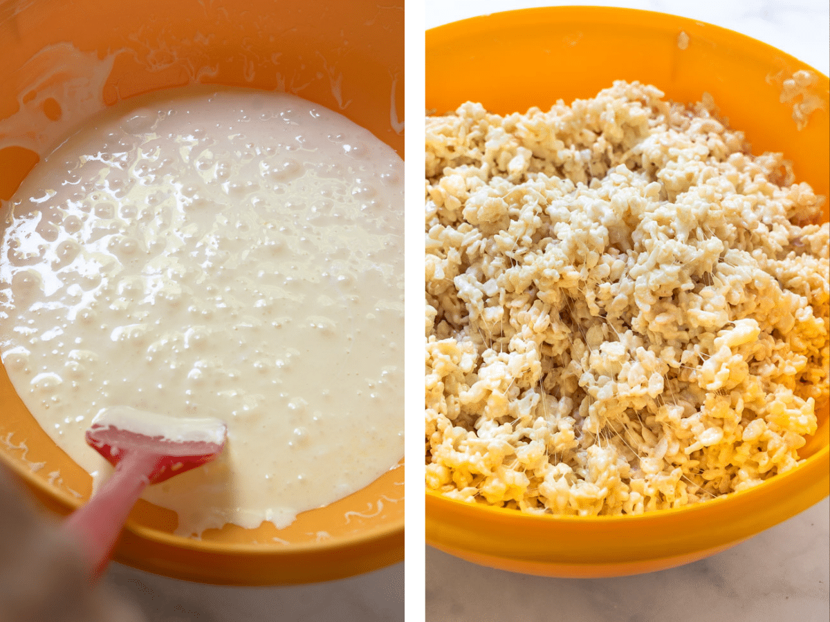 Two photo collage of melted marshmallows combined with melted butter and a bowl with rice krispies added to the marshmallow mix.
