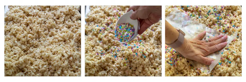 3 photo collage of rice krispie treats being spread on a pan, sprinkles applied and pressed to the edges.