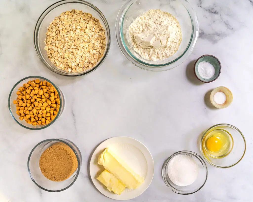 Top down view of the ingredients used to make oatmeal scotchie cookies