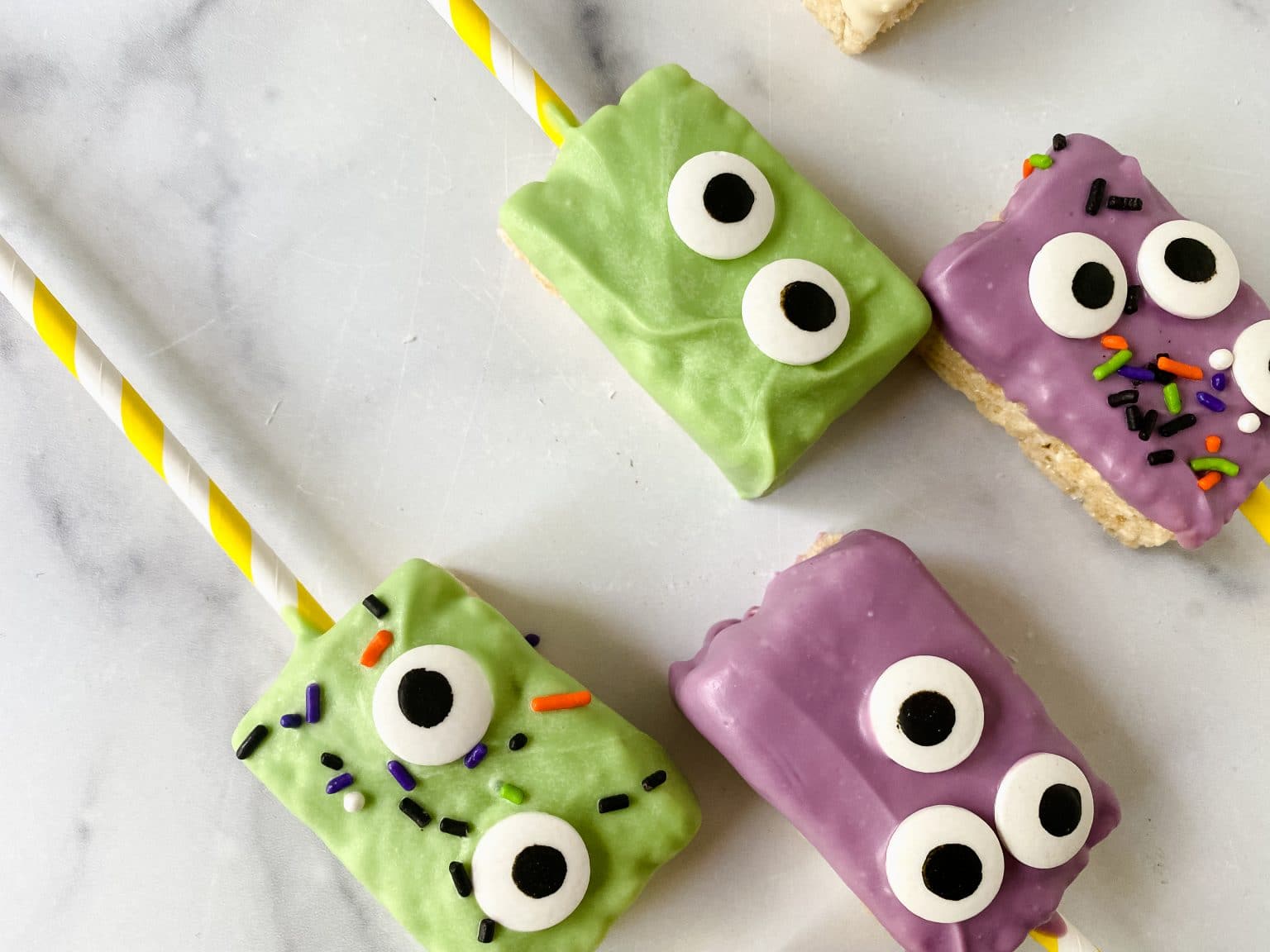 Monster Rice Krispie Treats on a counter.