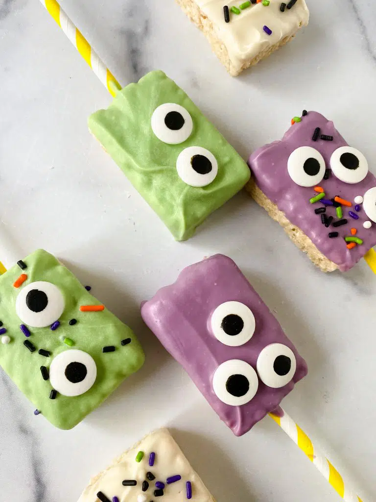 Halloween Rice Krispie Treats on a countertop.