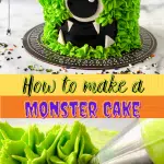 A cake decorated to look like a green monster with black eyes.