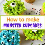 Top down photo of decorated cupcakes to resemble monsters with eyeballs and sprinkles.
