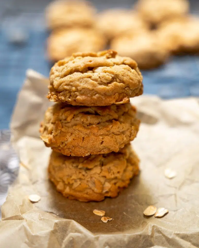 Three stacked oatmeal cookies.