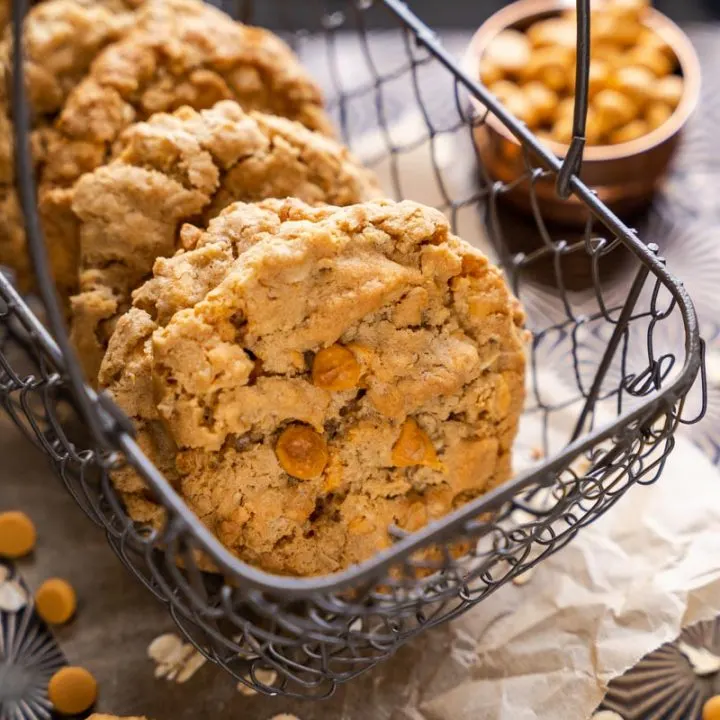 Oatmeal Butterscotch cookies stacked in a basket
