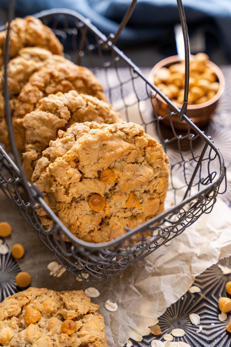 Oatmeal Butterscotch cookies stacked in a basket