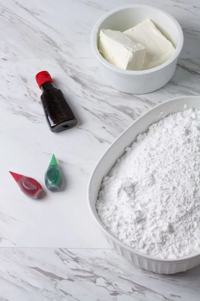 Ingredients: powdered sugar, cream cheese, peppermint extract, food coloring.