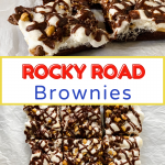 Two images for Pinterest of an uncut pan of rocky road brownies and a side view of a gooey slice.
