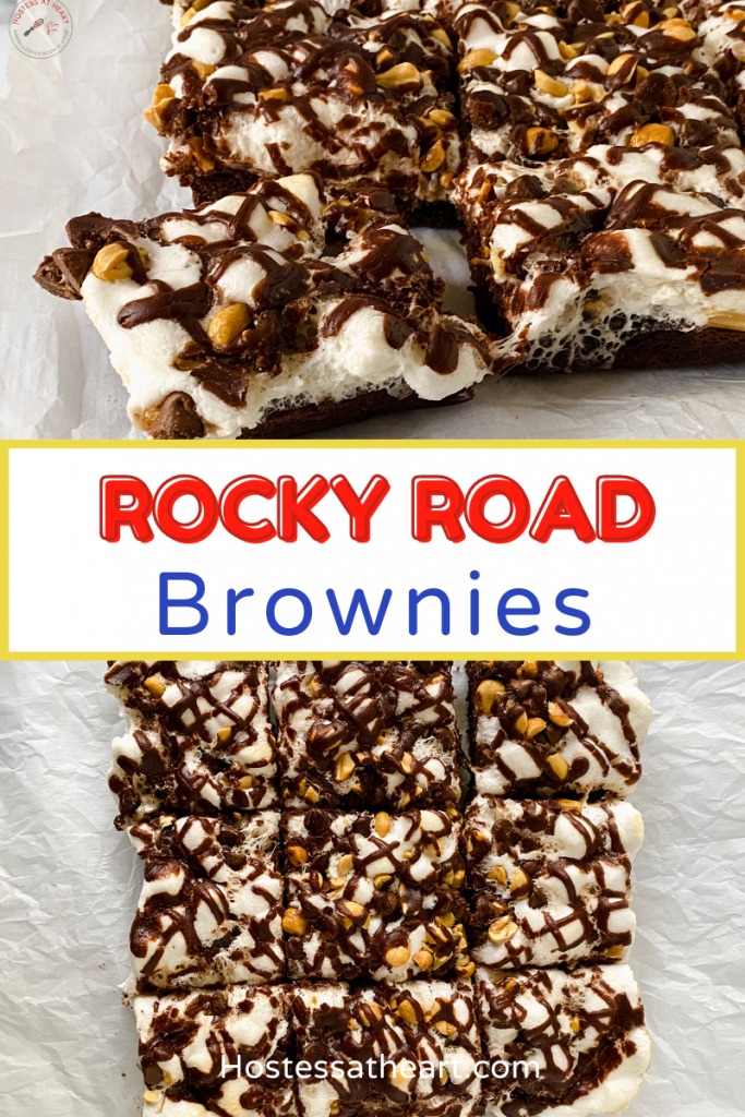 Two images for Pinterest of an uncut pan of rocky road brownies and a side view of a gooey slice.