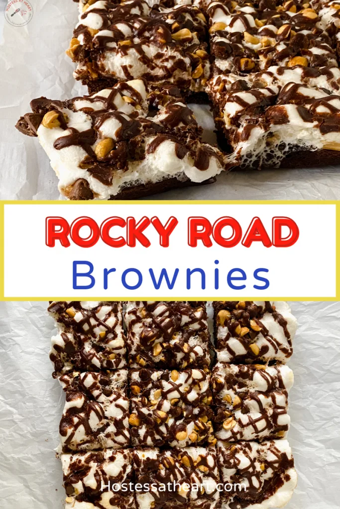 Two images for Pinterest of an uncut pan of rocky road brownies and a side view of a gooey slice.