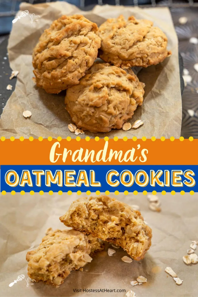 Two photos for Pinterest. One photo is of three cookies sitting on a piece of parchment papers and the other one is of a cookie broken in half showing the soft interior.