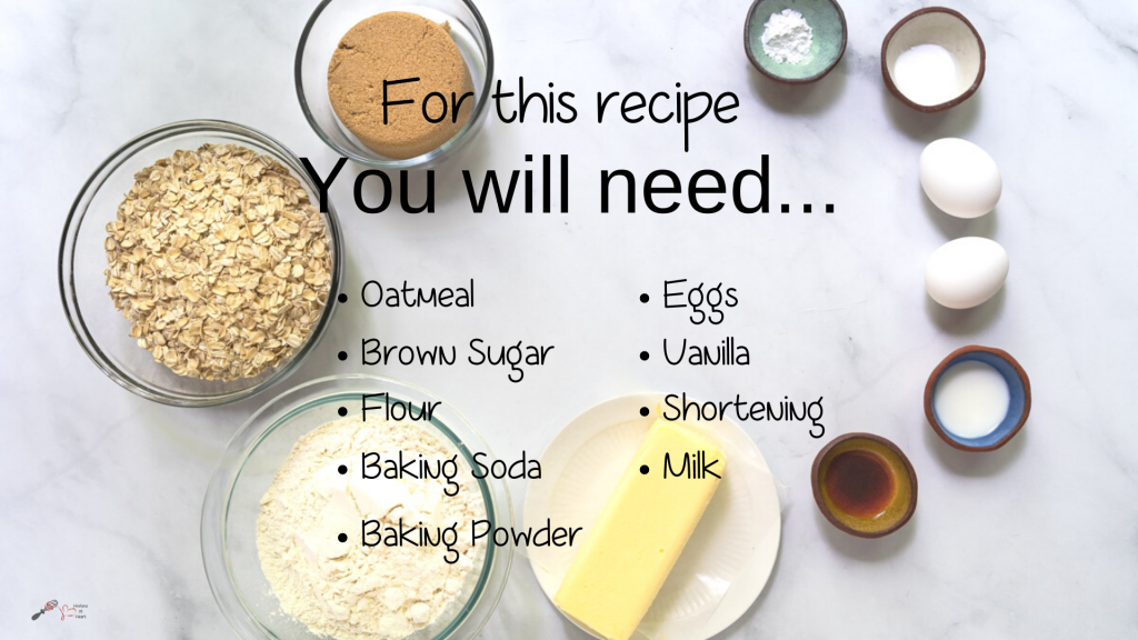 Top down view of the ingredients necessary to make oatmeal cookies including oatmeal, brown sugar, flour, shortening, vanilla, milk, eggs, baking powder and baking soda.