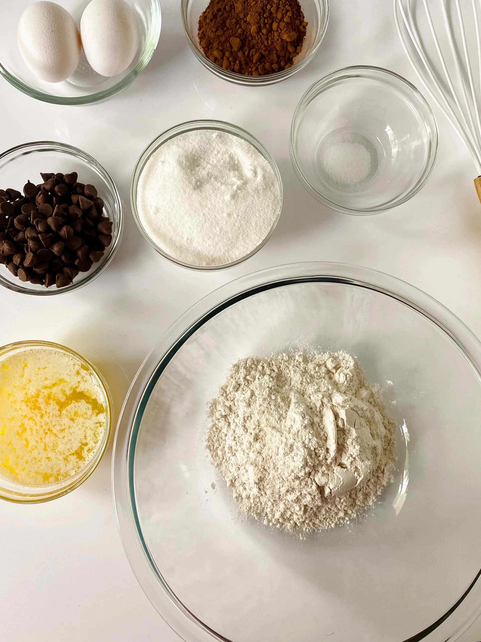 Top down view of ingredients used to make brownies.