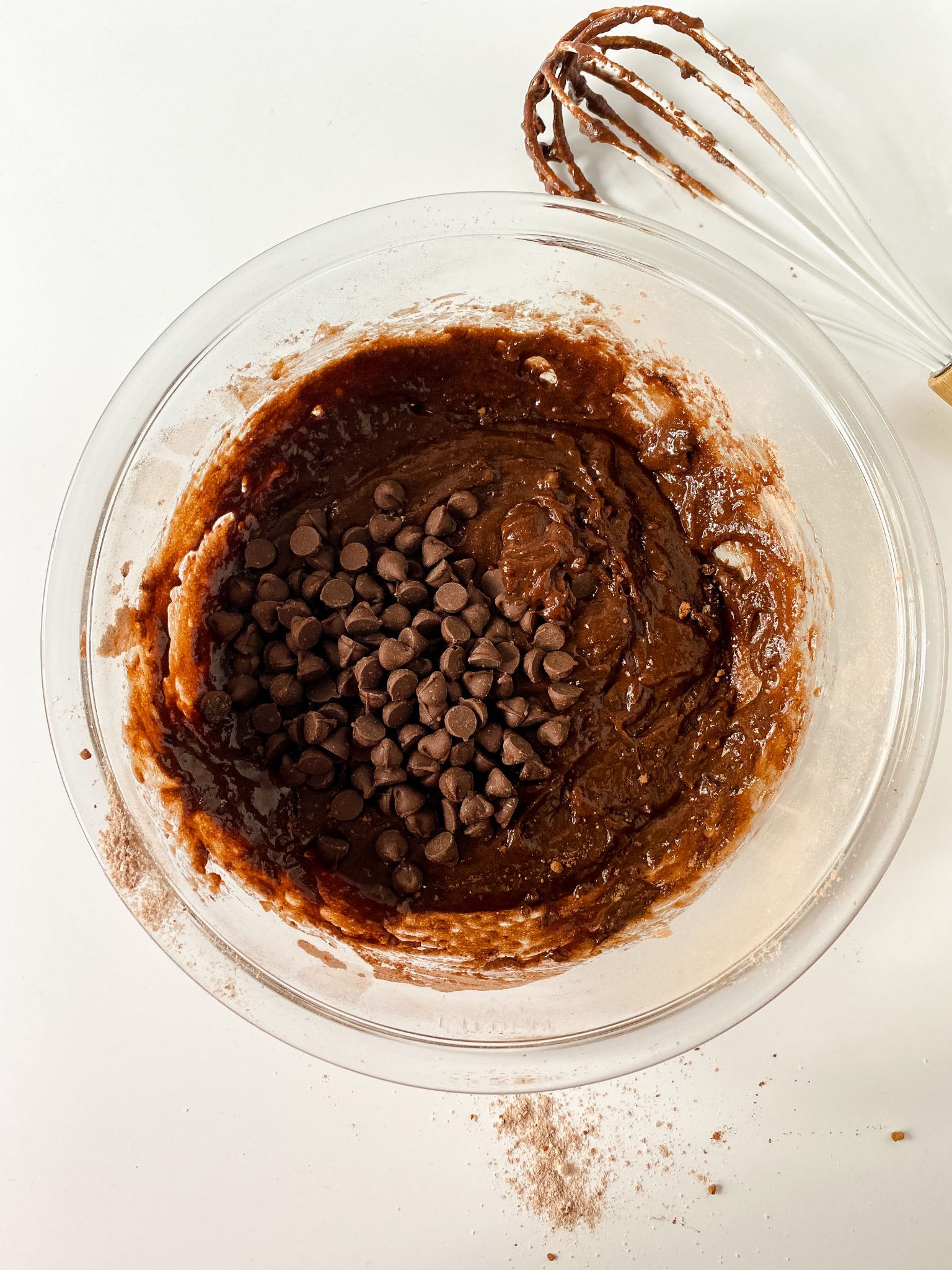 Chocolate chips folded into brownie batter.