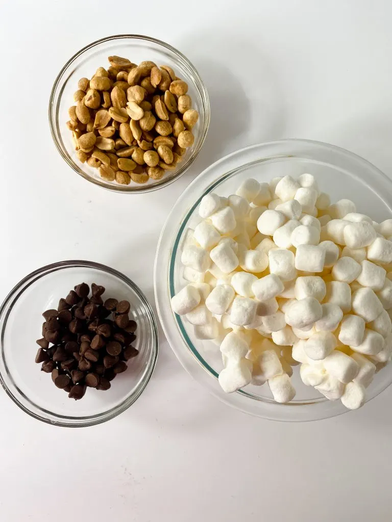 Topping ingredients used for rocky road brownies.