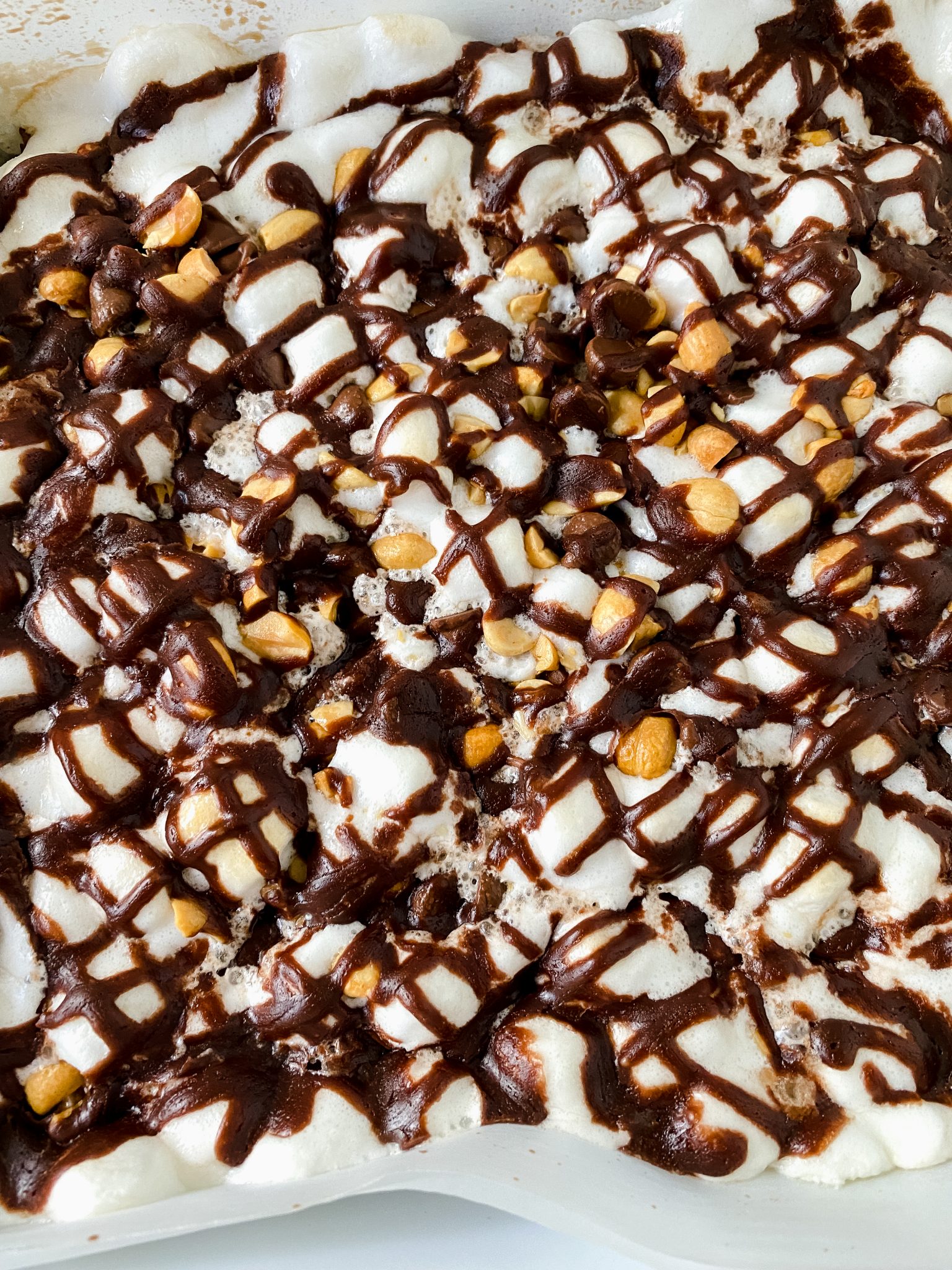 Close up of finished rocky road topping.
