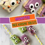 Rice Krispie cookies dipped in candy coating and topped with sprinkles and candy eyes.