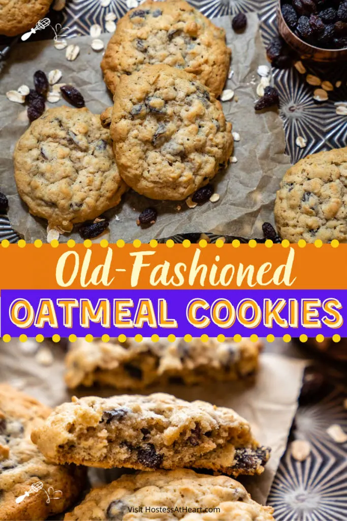Two photos for Pinterest. One photo is a top view of oatmeal raisin cookies and the second photo is of a half cookie showing the soft interior.
