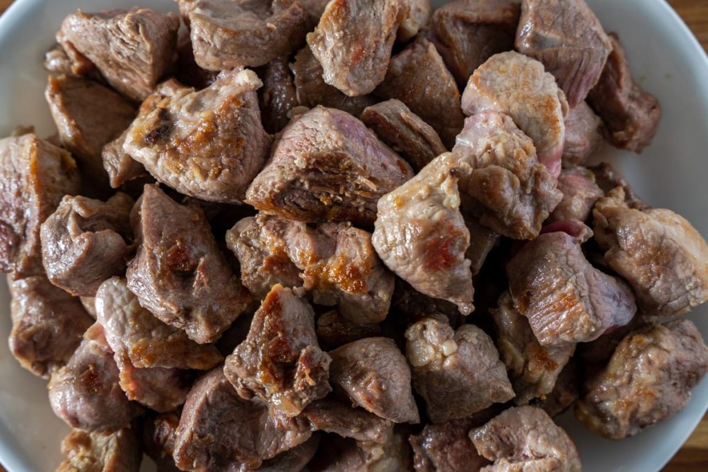 Brown chunks of meat.